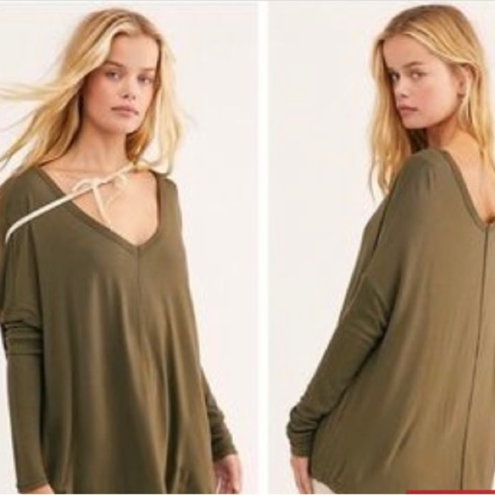 NEW! Free People Top Oversized Drapey Silhouette V-Neck Tunic Army Green Size XS